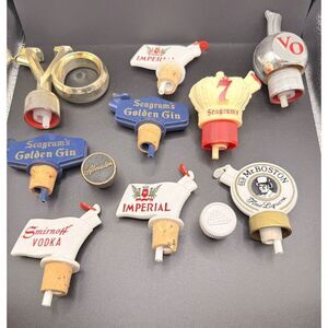 Mid-Century Advertising Liquor Bottle Pourers Plastic Barware, Seagrams, Imperia